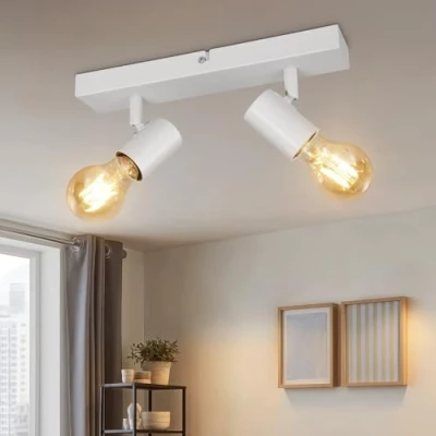 Imagen de Kimjo Lámpara de Techo con 2 Focos Blanco, Plafón LED E27 Ajustables y Giratorios, Aplique Pared Bombilla para Interiores Dormitorio Sala Cocina Corredor, Max. 60W, No Incluye