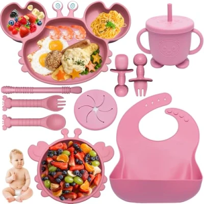 Imagen de Kinyoda Vajilla Bebe Silicona, 10 Piezas Cubiertos Bebe, Silicona Infantil Antideslizante Con Plato Ventosa Vasito Cuchara Babero, de aprendizaje para comer destete(Rosa)