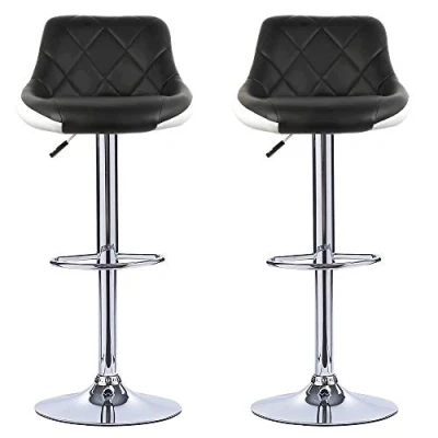 Imagen de Pack 2 Taburetes Altos de Cocina con Respaldo y Reposapiés en Acero Cromado, Regulable Altura, Bar Giratorios Cuero Sintético, Altura del 38cm (2, Negro Blanco)