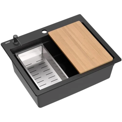 Imagen de QUADRON fregadero de granito cocina tamaño 59,5 x 50 21,5 cm, color: Carbono Puro KURT 110 empotrado un seno juego: dosificador, tabla madera, Qmata, sifón