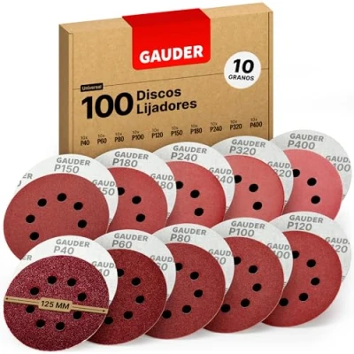 Imagen de GAUDER Set Profesional de Discos Abrasivos para Lijadora Orbital Ø 125mm 100 Lija Cierre Rápido 8 Agujeros con 10 Cada Grano 40/60/80/100/120/150/180/240/320/400