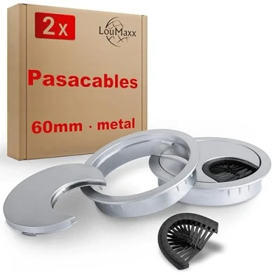Imagen de LouMaxx pasacables para escritorio de 60 mm diámetro, 2 unidades metal cromado mate con junta antipolvo, ordenar y ver el lugar trabajo
