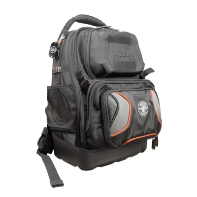 Imagen de Klein Tools mochila para herramientas, 48 bolsillos herramientas manuales, gran electricista, de resistente 55485, negro con naranja/gris, 19.5 pulgadas