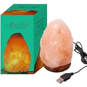 Imagen de Lámpara USB de sal del Himalaya ROSA NATURAL escritorio con base madera y LED. LUZ FIJA