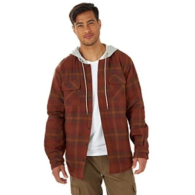 Imagen de Wrangler Authentics Long Sleeve Quilted Lined Flannel Shirt Jacket with Hood Camisa, Caramelo, L para Hombre