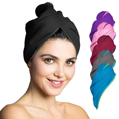 Imagen de Toalla Turbante para el secado rápido de cabello, toallas microfibra ultra absorbente pelo, con botón 1 pieza negro