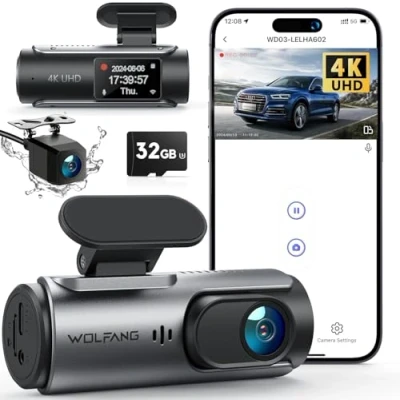 Imagen de WOLFANG Cámara de Coche Delantera y Trasera 4K UHD, Arjeta 32GB SD Incluida Dashcam Doble Lente para Coches 170º Gran Angular Monitor Aparcamiento 24H con Grabación en Bucle Sensor G