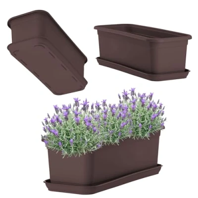 Imagen de KADAX jardinera con plato, de plástico para balcón, interiores y exteriores, maceta terraza, alféizar ventana (40 cm, marrón)