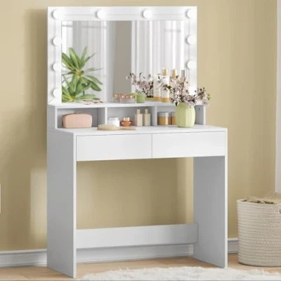 Imagen de EUGAD Tocador de Maquillaje con Luz LED y Espejo Grande, Mesa 2 Cajones 3 Compartimentos Abiertos, Mueble Dormitorio Estilo Moderno, Blanco
