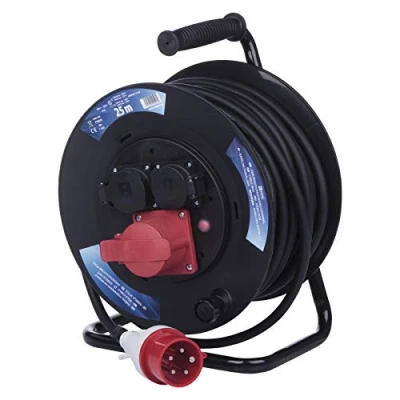 Imagen de EMOS Carrete de Cable CEE 25m 3 Tomas (1 CEE, 2 Schuko) Resistente al Agua 230 V/400 V, 13 A, 3000 W/5000 W Aislamiento Goma H07RN F 1,5 mm2 IP44 para Exteriores y Camping