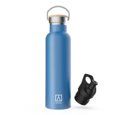 Imagen de NUMADA Botella Térmica Acero Inox 600ml Azul Estanca con Doble Pared al Vacío y Recubrimiento Cerámico. Mantiene Frío 24H Calor 12HBoca AnchaLibre BPAIncluye 2 Tapones (1 Sport)/Bolsa Transporte
