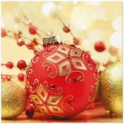 Imagen de 20 Servilletas de Navidad con bola roja decoración mesa dorada. papel diseño. También para decoupage y (33 x 33 cm)