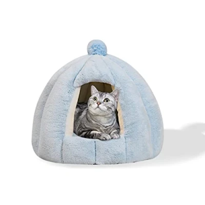 Imagen de Galatée Cama Tipo Cueva para Gatos, Cojín Gatos con Fondo Antideslizante, Mascotas Interior Lavable Extraíble, Iglú De Felpa Suave y Acogedor Gatos(S, Azul)