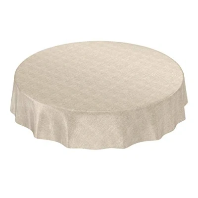 Imagen de ANRO Mantel de Hule, Encerado, Color Beige, Aspecto Lino, Redondo, 140 cm