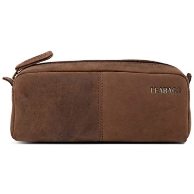 Imagen de LEABAGS Estuche de Cuero Genuino Gran para bolígrafos, lápices y papelería Escolar Carpeta Trabajo, Universidad Escuela Marrón Oscuro Natural