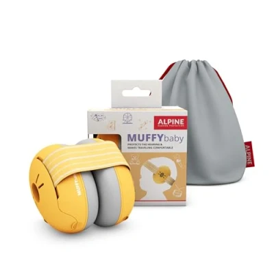 Imagen de Alpine Muffy Baby Protectores auditivos para bebés y niños pequeños de 12 a 36 meses Protección contra el ruido Evita daños Mejora sueño sobre la marcha Ajuste cómodo Amarillo