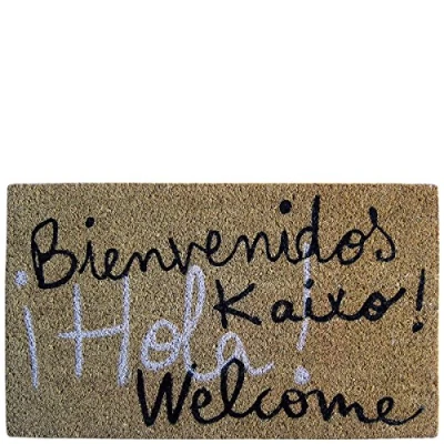Imagen de Laroom Felpudo diseño Bienvenidos Kaixo Hola Welcome, Jute &amp; Base Antideslizante, Marrón, 40 x 70 cm