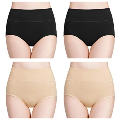Imagen de wirarpa Bragas Mujer Algodón Talle Alto 4 Pack Negro Albaricoque Talla XL