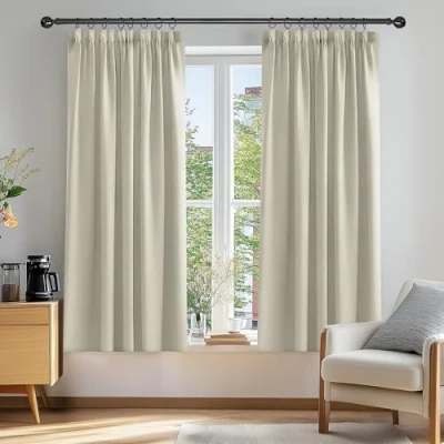 Imagen de Deconovo Cortinas Opacas con Aislamiento Térmico para Sala de Estar Oficina Hotel Ventanas Fruncido 2 Piezas 132x138cm Beige Claro
