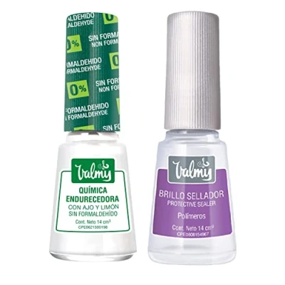 Imagen de VALMY Pack Tratamiento Fortalecedor de Uñas: Química Endurecedora con Ajo y Limón + Top Coat Brillo Sellador, Esmaltes Protectores Endurecedores, Ideal para Uñas Frágiles, 14 ml c/u (2 unidades)