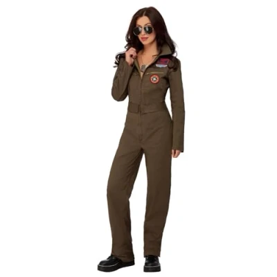 Imagen de Smiffys Disfraz de Top Gun para mujer, Caqui, con mono