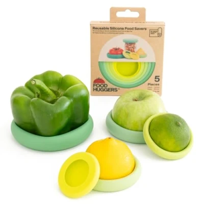 Imagen de Food Huggers 5 protectores de alimentos silicona reutilizables, sin BPA y aptos para lavavajillas, almacenamiento frutas verduras cebolla, tomate, limón, plátano, latas más, redondo,