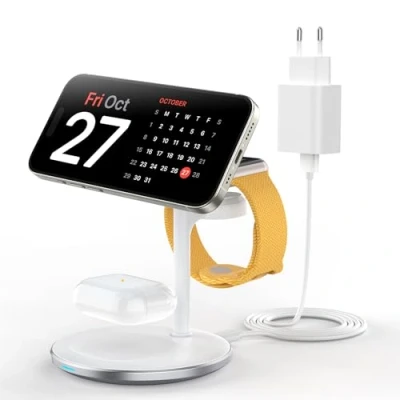 Imagen de estación de Carga inductiva 3 en 1 para Varios Dispositivos, rápida mag Safe 15 W iPhone 15, 14 y 13, Cargador iWatch Ultra2/1/Series 9/8, AirPods,Blanco