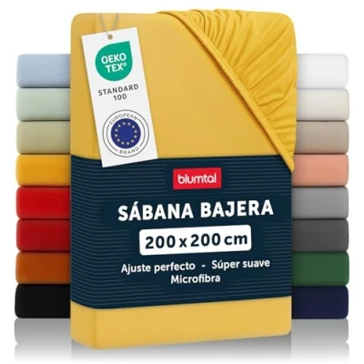 Imagen de Blumtal Basics Sábana Bajera Ajustable de Microfibra Cepillada para colchón 25 27 cm Altura, Cama 200: 200 x 30cm, Spicy Mustard Amarillo