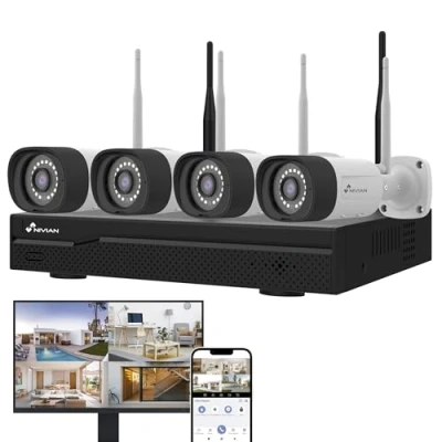 Imagen de NIVIAN Kit de Cámaras WiFi CCTV 2K IA Detección Humanos, Audio Bidireccional, Visión Nocturna Dual, Grabación, App EseeCloud, Salida HDMI (10 Canales 4 Cámaras, CCTV)