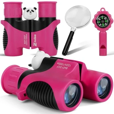 Imagen de prismáticos para niños de 8x21 Pulgadas, óptica Real Alta resolución, Juego con Lupa y brújula Silbato, 3 a 12 años, Viajes, exploración la Naturaleza (Rosa roja)