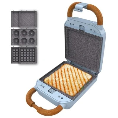 Imagen de Cecotec Sandwichera Vintage Rock&#039;Ntoast Retro One Blue. 700W, 3 Placas Intercambiables, Diseño Retro, Revestimiento Rockstone, Indicador Luminoso, Base Antideslizante, Asa de Tacto Frío, Pinza Cierre