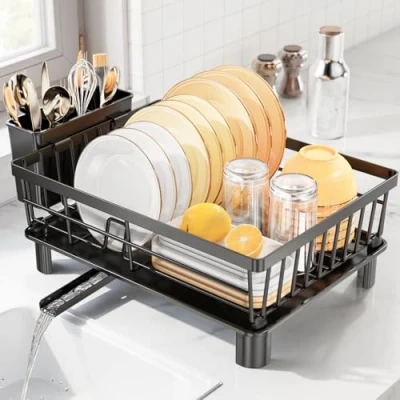 Imagen de LIONONLY Escurridor de Platos,Escurreplatos Acero Inoxidable,Estante Secado Platos con Bandejas Goteo,Portautensilios und Boca Vaciado Giratoria,Escurreplatos Drenaje Automático