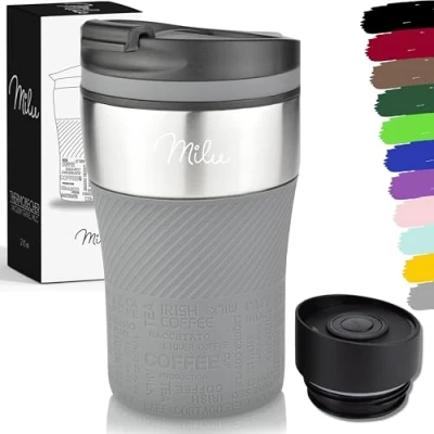 Imagen de Milu Termo Taza 210ml Vaso Termico de Viaje Café para Llevar acero inoxidable beber con aislamiento doble pared (Gris, 210ml)
