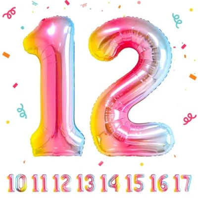 Imagen de Globos de 12 cumpleaños,Arcoiris pulgadas Globo número, decoraciones número cumpleaños para hombre y mujer, inflable lámina Arcoiris