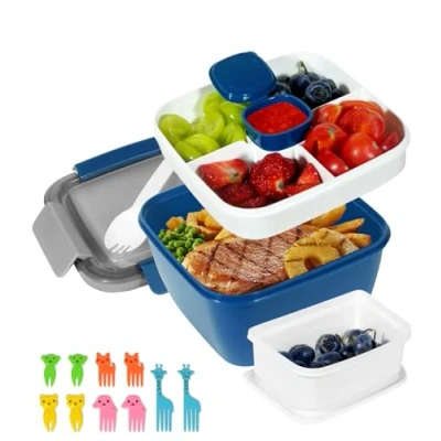 Imagen de Fiambrera Compartimentos Divididos, Integrada de 2 Capas, 1500ML Lunch Box, Caja para Ensalada Llevar, a Prueba Fugas con Cubiertos el Trabajo, Escuela Picnic