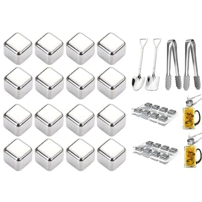 Imagen de Hitopin Cubitos de Hielo Acero Inoxidable, 16PCS Cubos Reutilizable, para Whisky, con Clips+Cuchara, Enfriar Vodka Vino Cerveza Whisky Cóctel