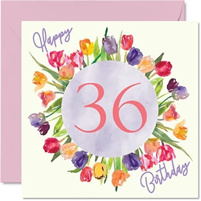 Imagen de Hermosas tarjetas de cumpleaños 36 para mujer, ramo flores tulipanes acuarela, tarjeta feliz ella, hija, tía, hermana, amiga, regalos cumpleaños, 145 mm x mm, bonitas felicitación florales