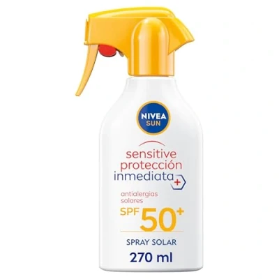 Imagen de NIVEA SUN Sensitive Protección Inmediata Antialergias Solares FP50+ spray (1 x 270 ml), solar resistente al agua, protector para piel sensible, pistola