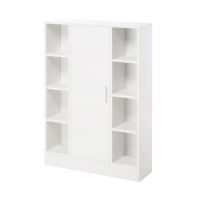 Imagen de kleankin Armario de Suelo para Baño Madera con 8 Compartimentos Abiertos y 1 Puerta Estantes Ajustables Mueble Auxiliar Multiusos Cocina Salón 71x22x100 cm Blanco