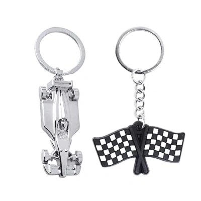 Imagen de PFLYPF 2 llaveros de metal, plateados carreras, coche, bandera, personalizados creativos, carreras para, plata, 8.5cm*2.5cm