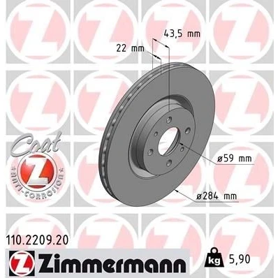 Imagen de ZIMMERMANN COAT Z 110.2209.20 Disco de freno 284 22 6/4 4 98 ventilación interna revestido FIAT: BRAVO 2, Stilo Hatchback, Multi Wagon