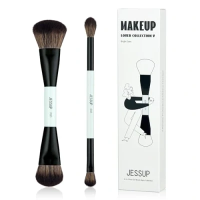 Imagen de Jessup Brochas de Maquillaje 2 Piezas Brocha para Base Doble Cara Contorno Difuminar Ojos Punta Cosmética Multifuncional Cian Brillante T502