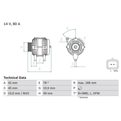 Imagen de BOSCH 0 986 049 560 Alternador 14V 80A CITROËN: C4 Coupé, C2 Hatchback, I PEUGEOT: 207 307 SW, Hatchback