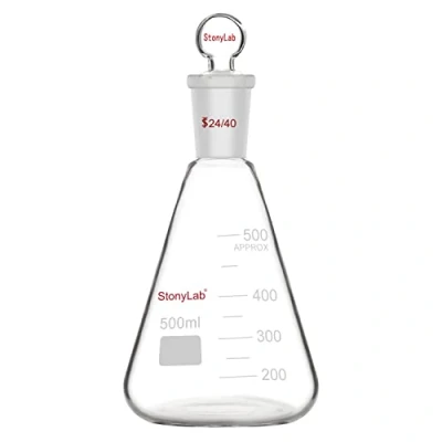 Imagen de stonylab Matraz Erlenmeyer 24/40 de Vidrio con Tapón, 500 ml Frasco Pared Gruesa Borosilicato Junta Exterior Cónica Estándar y Tapón