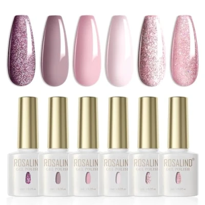 Imagen de ROSALIND Esmaltes Semipermanentes Para Uñas,6 Colores Púrpura Nude Avena Marron Glitter Verano De Color Claro Soak Off UV Pintauñas Gel Regalo Principiantes