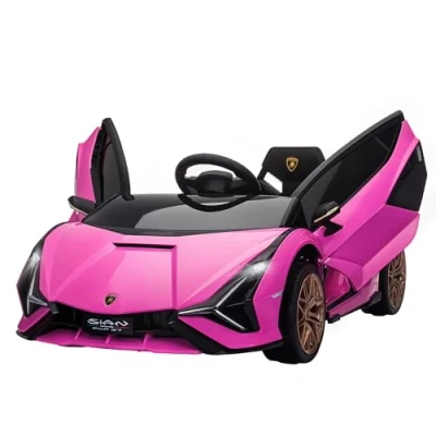 Imagen de HOMCOM Coche Eléctrico Lamborghini SIAN 12V para Niños de +3 Años con Mando a Distancia Apertura Puerta Música MP3 USB y Faros 3 5 km/h 108x62x40 cm Rosa