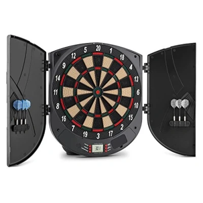 Imagen de Oneconcept Dartor III Juego de Diana Electrónica, hasta 8 Jugadores, Cálculo automático Puntos, Incluye Material Montaje, 26 Juegos y Dardos Recambio, Puertas, Negro