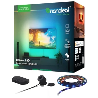 Imagen de Nanoleaf Espejo de pantalla 4D + kit Tira luz para TV/TV/pantallas hasta 65 pulgadas (165 cm) LED RGBW inteligente cámara, hilo y WiFi, funciona con Alexa Google Apple