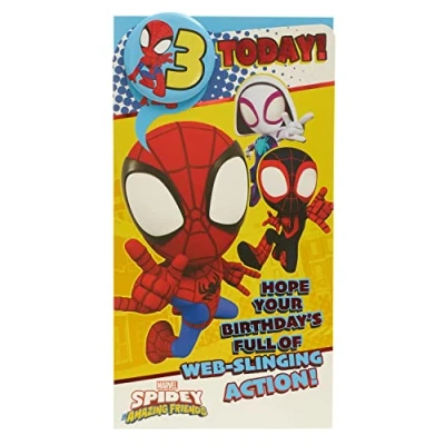 Imagen de UK Greetings Tarjeta de 3er cumpleaños Marvel para él/niño con sobre, diseño insignia, Spider Man, multicolor, 121 mm x 229