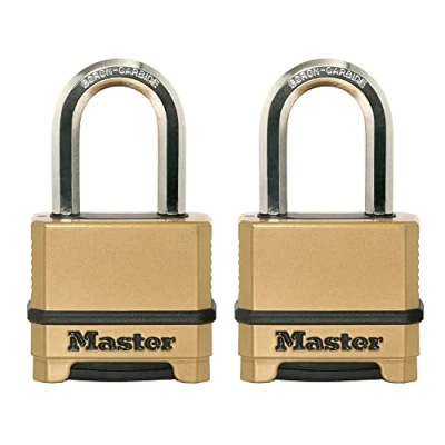 Imagen de Master Lock, candado resistente a la intemperie, de combinación reajustable para uso en exteriores, paquete 2, M175LFEC2, dorado, 1.2 x 2 3.85 pulgadas
